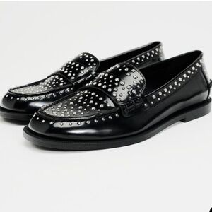 zara silver studded loafers black leather size euro 37 / 6.5